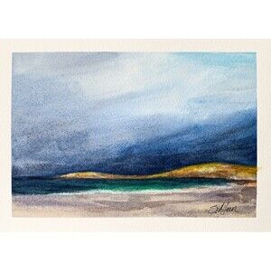 Watercolor Painting Original Landscape Stormy Isle of Lewis Scotland Signed 5x7